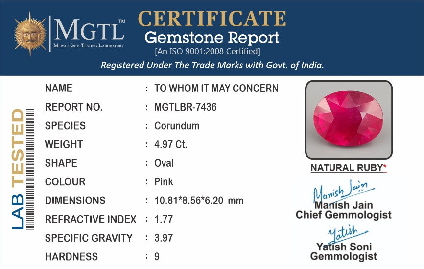 Ruby - 4.97 Carats (Manik - 5.42 Ratti)
