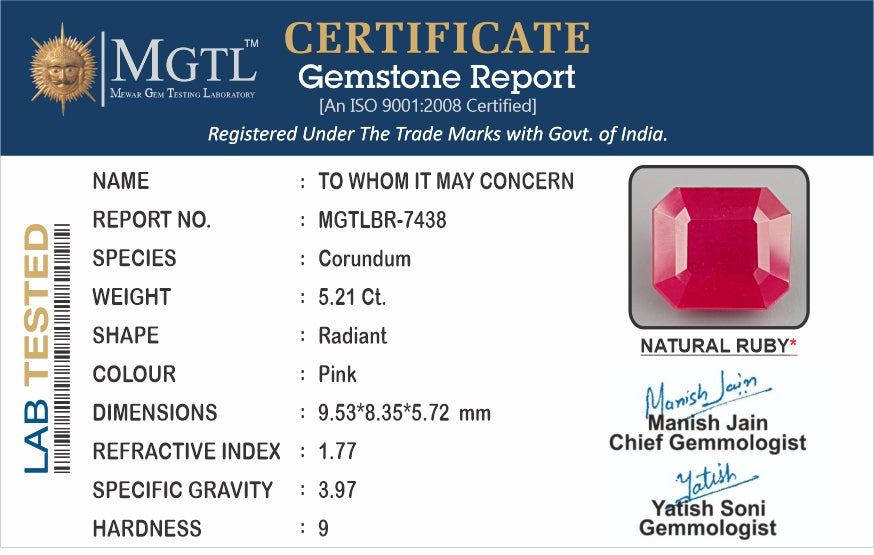 Ruby - 5.21 Carats (Manik - 5.68 Ratti)