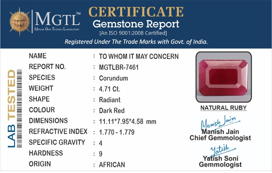 Ruby - 4.71 Carats (Manik - 5.13 Ratti)