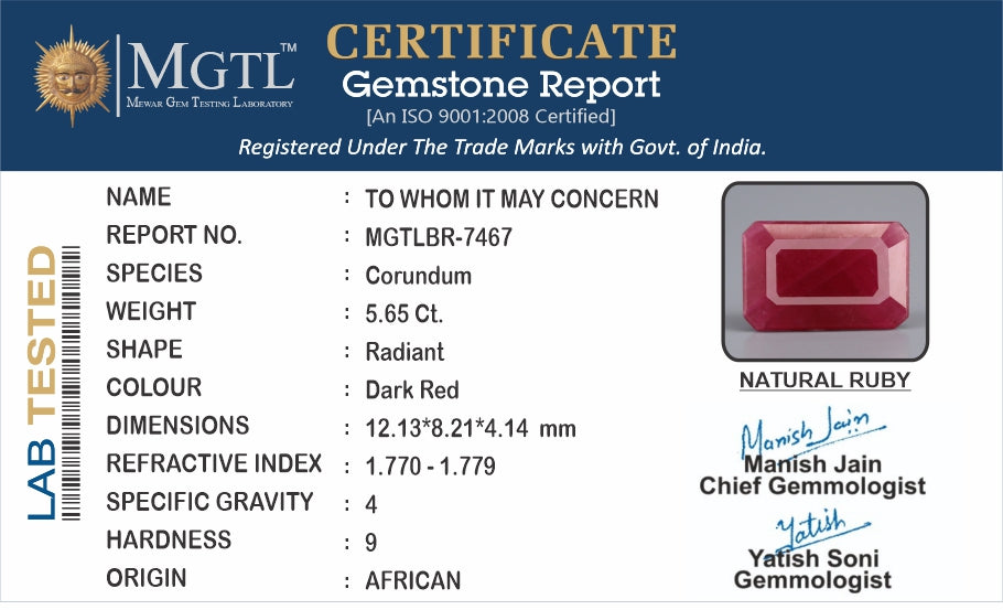 Ruby - 5.65 Carats (Manik - 6.16 Ratti)