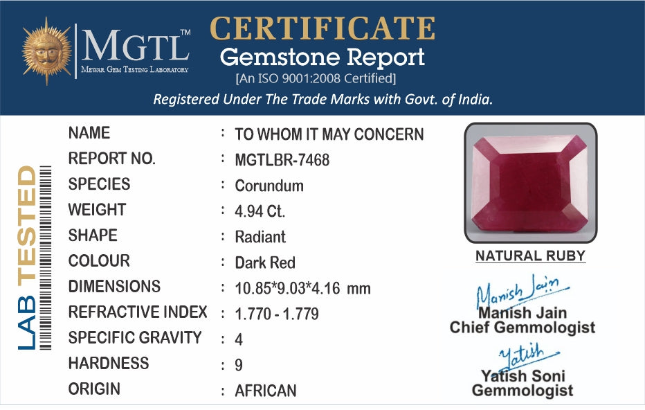 Ruby - 4.94 Carats (Manik - 5.38 Ratti)
