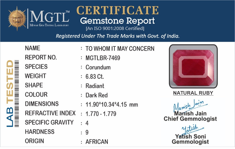 Ruby - 6.83 Carats (Manik - 7.44 Ratti)