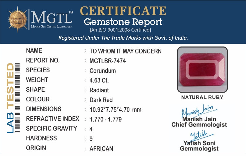 Ruby - 4.63 Carats (Manik - 5.05 Ratti)