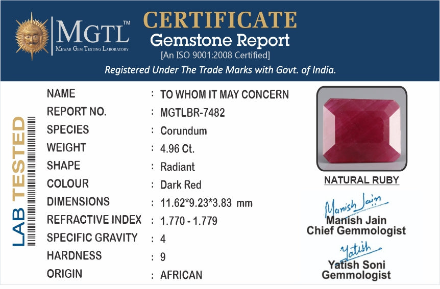 Ruby - 4.96 Carats (Manik - 5.41 Ratti)