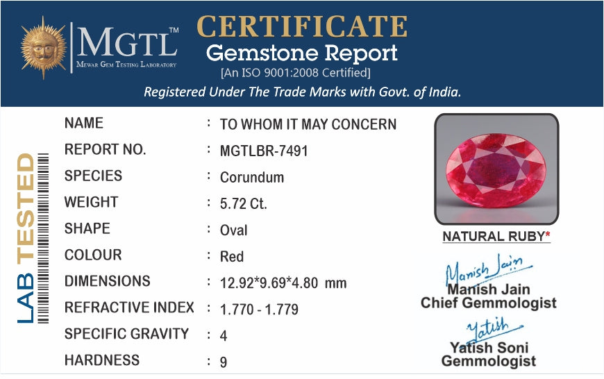 Ruby - 5.72 Carats (Manik - 6.23 Ratti)