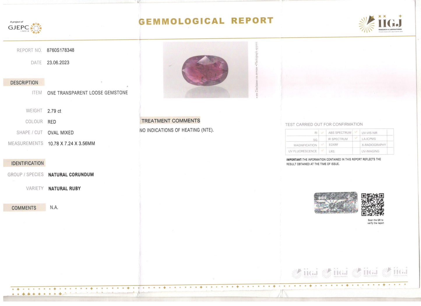 Ruby - 2.79 Carats (Manik - 3.04 Ratti)