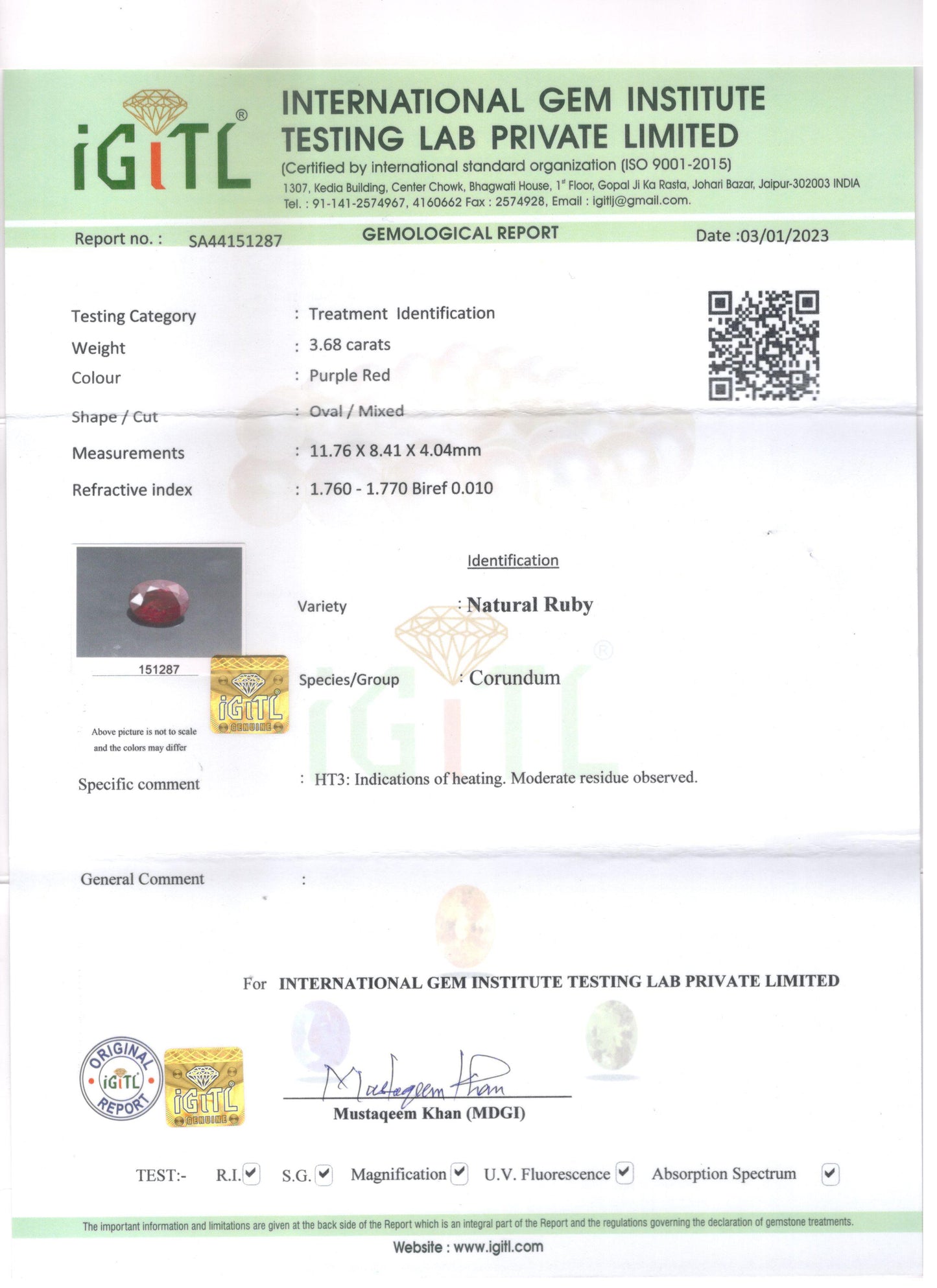 Ruby - 3.68 Carats (Manik - 4.01 Ratti)
