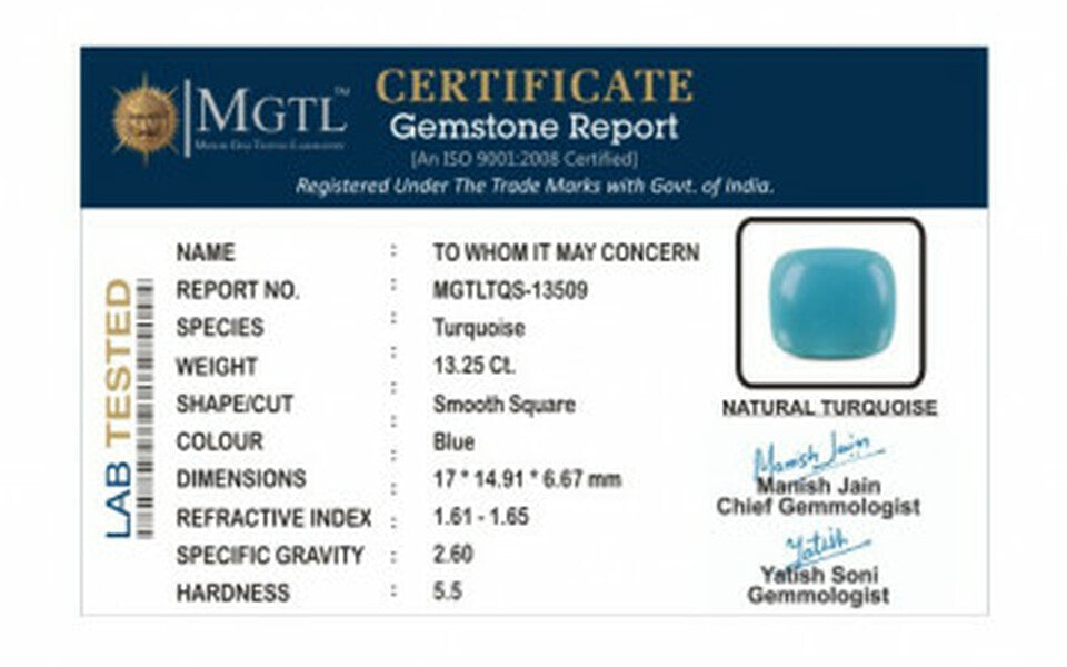 Turquoise - 13.25 Carats ( Firoza - 14.44 Ratti )
