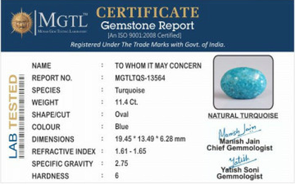 Turquoise - 11.40 Carats ( Firoza - 12.43 Ratti )
