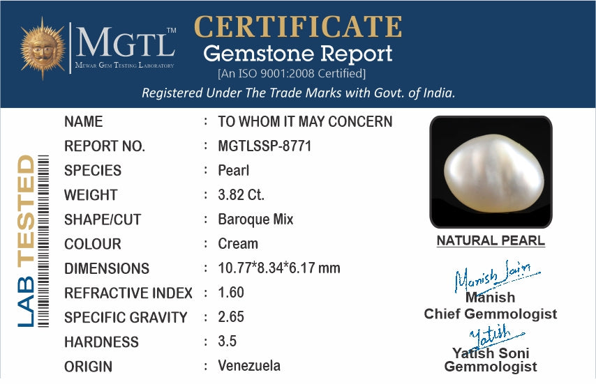 Venezuela Pearl - 3.82 Carats (Moti - 4.16 Ratti)