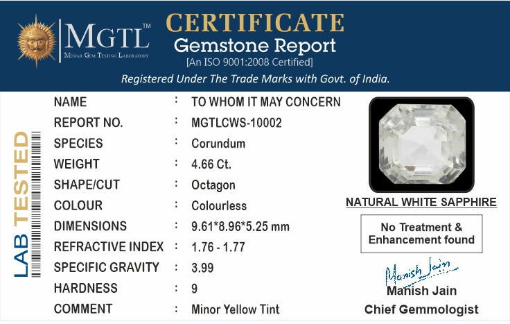 White Sapphire - 4.66 Carats (Safed Pukhraj - 5.08 Ratti)