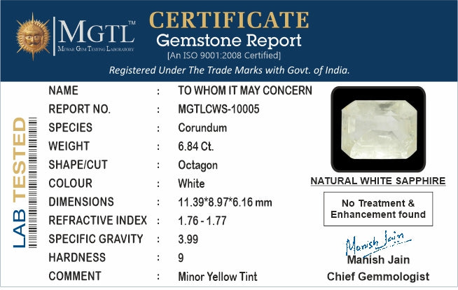 White Sapphire - 6.84 Carats (Safed Pukhraj - 7.46 Ratti)