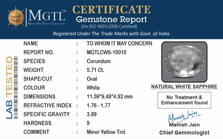 White Sapphire - 5.71 Carats (Safed Pukhraj - 6.22 Ratti)