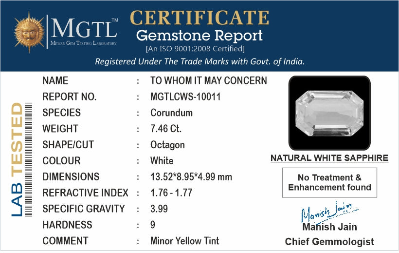 White Sapphire - 7.46 Carats (Safed Pukhraj - 8.13 Ratti)