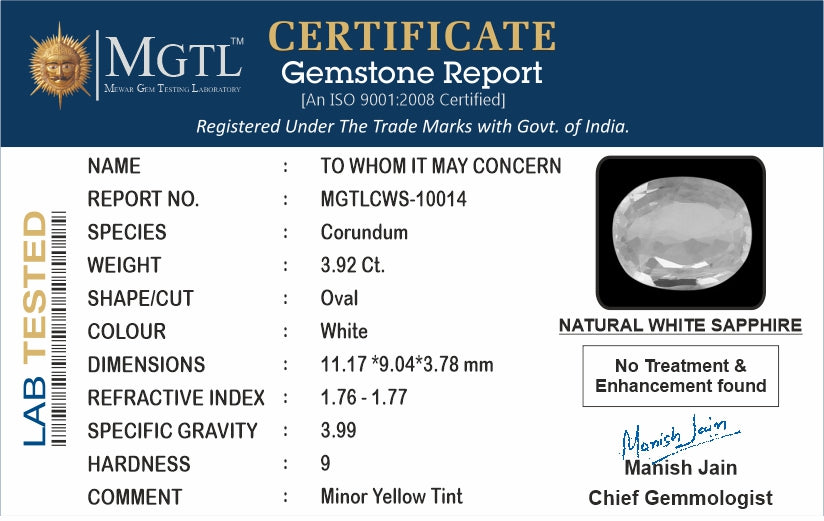 White Sapphire - 3.92 Carats (Safed Pukhraj - 4.27 Ratti)