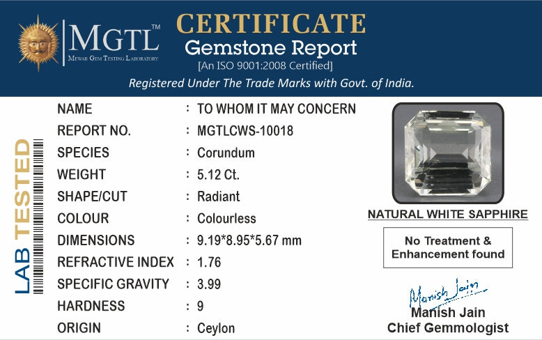 White Sapphire - 5.12 Carats (Safed Pukhraj - 5.58 Ratti)