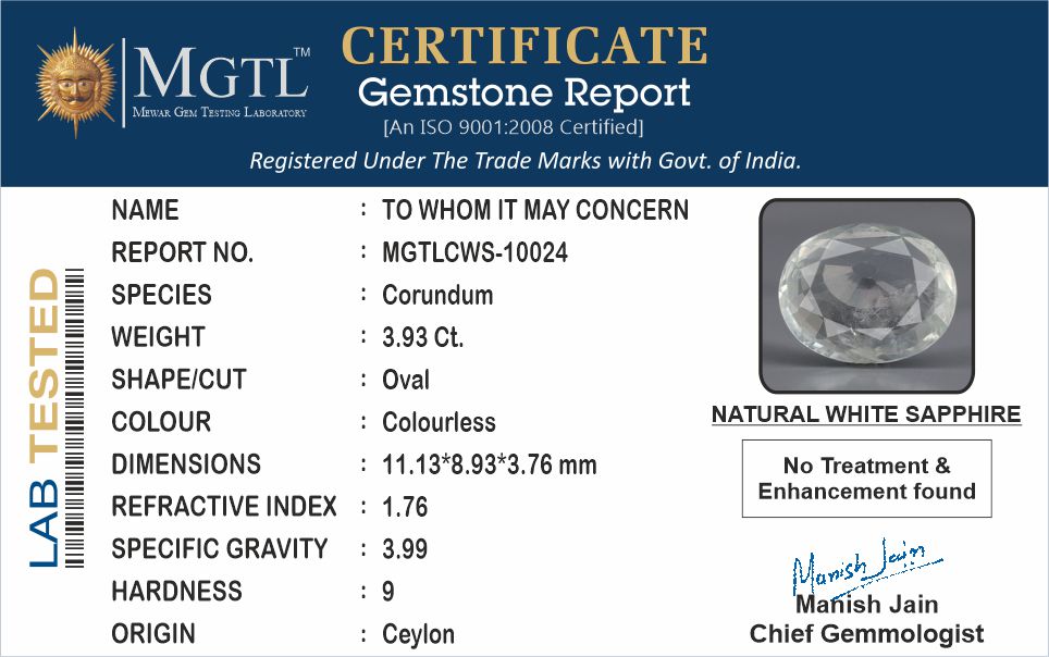 White Sapphire - 3.93 Carats (Safed Pukhraj - 4.28 Ratti)
