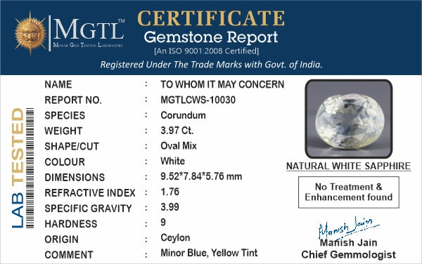 White Sapphire - 3.97 Carats (Safed Pukhraj - 4.33 Ratti)