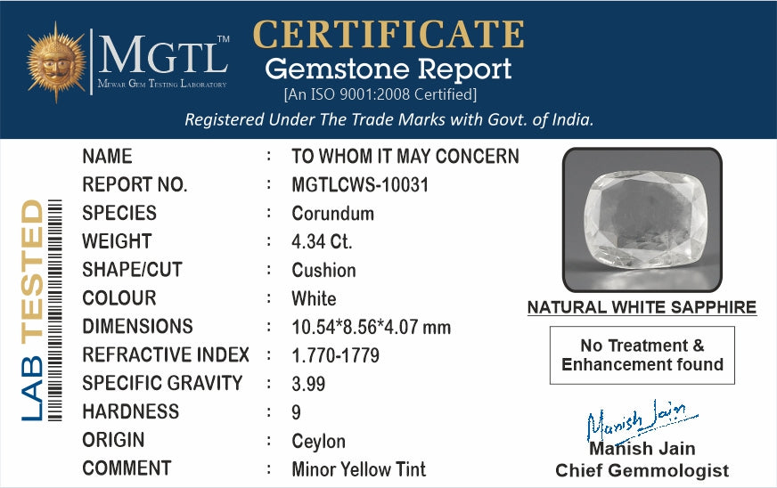 White Sapphire - 4.34 Carats (Safed Pukhraj - 4.73 Ratti)