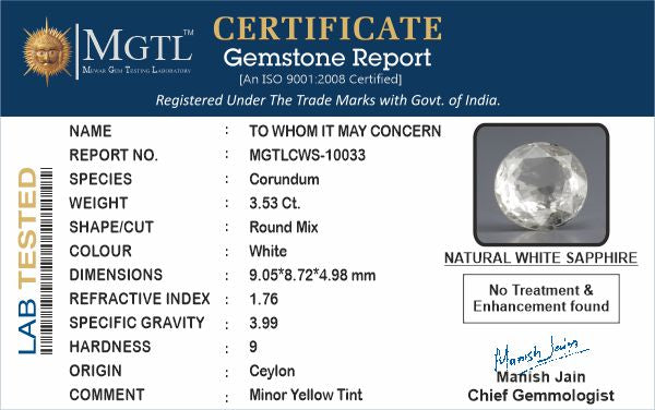 White Sapphire - 3.53 Carats (Safed Pukhraj - 3.85 Ratti)