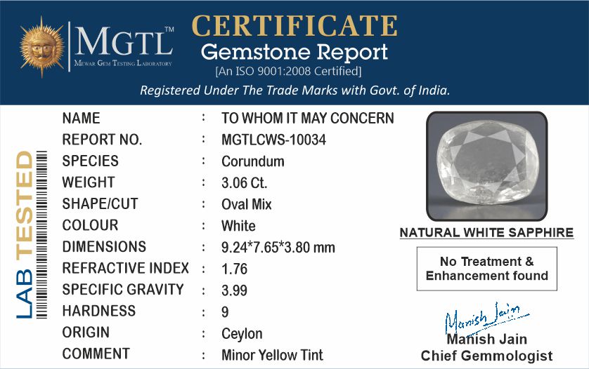 White Sapphire - 3.06 Carats (Safed Pukhraj - 3.34 Ratti)