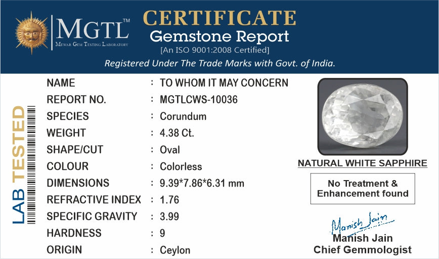 White Sapphire - 4.38 Carats (Safed Pukhraj - 4.77 Ratti)
