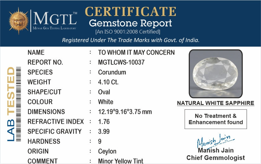 White Sapphire - 4.10 Carats (Safed Pukhraj - 4.47 Ratti)