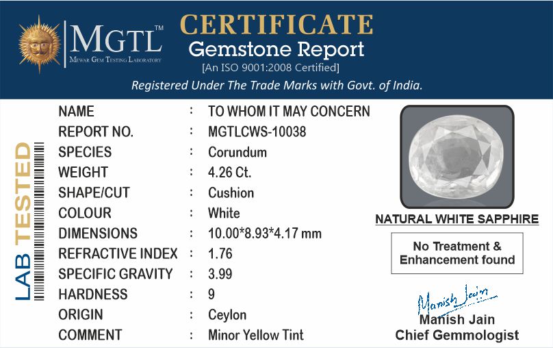 White Sapphire - 4.26 Carats (Safed Pukhraj - 4.64 Ratti)