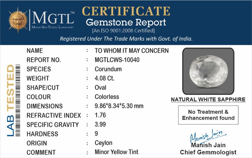 White Sapphire - 4.08 Carats (Safed Pukhraj - 4.45 Ratti)