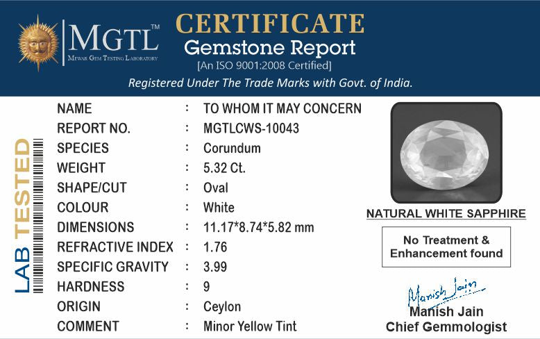 White Sapphire - 5.32 Carats (Safed Pukhraj - 5.80 Ratti)