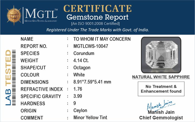 White Sapphire - 4.14 Carats (Safed Pukhraj - 4.51 Ratti)