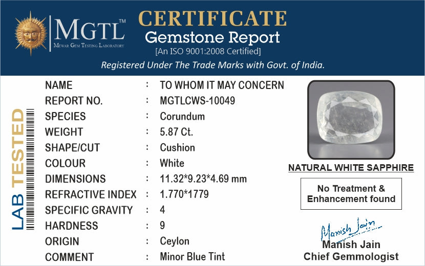 White Sapphire - 5.87 Carats (Safed Pukhraj - 6.40 Ratti)