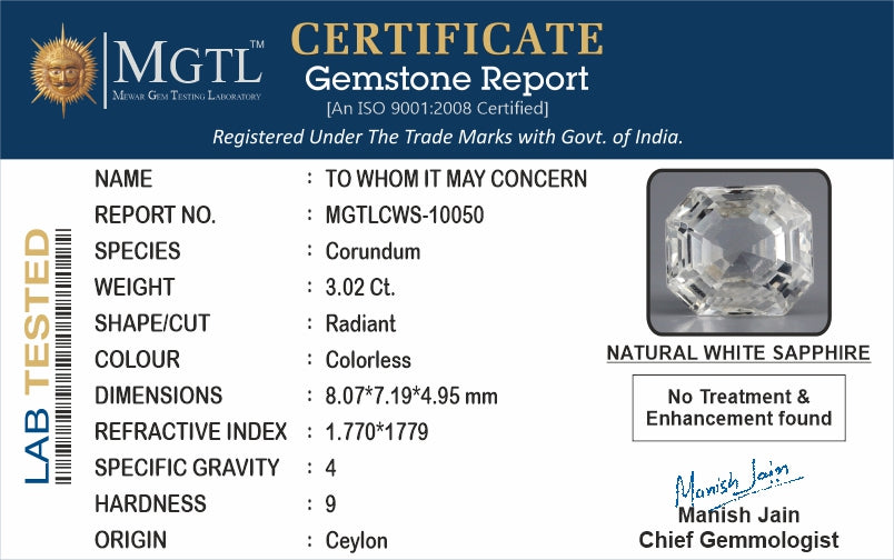 White Sapphire - 3.02 Carats (Safed Pukhraj - 3.29 Ratti)