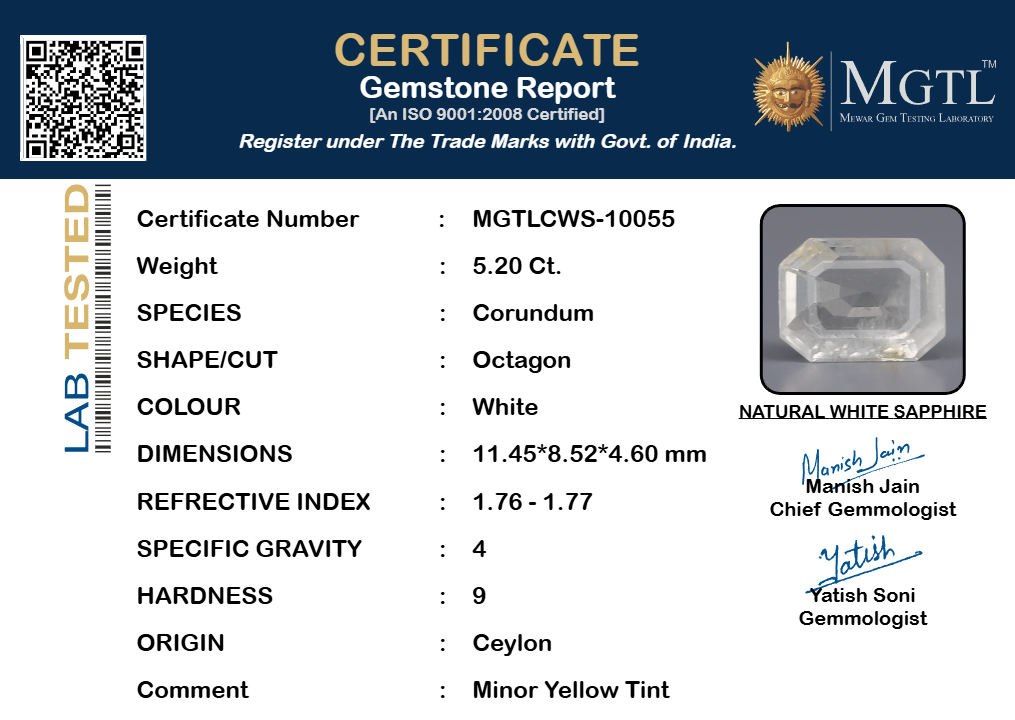 White Sapphire - 5.20 Carats (Safed Pukhraj - 5.67 Ratti)