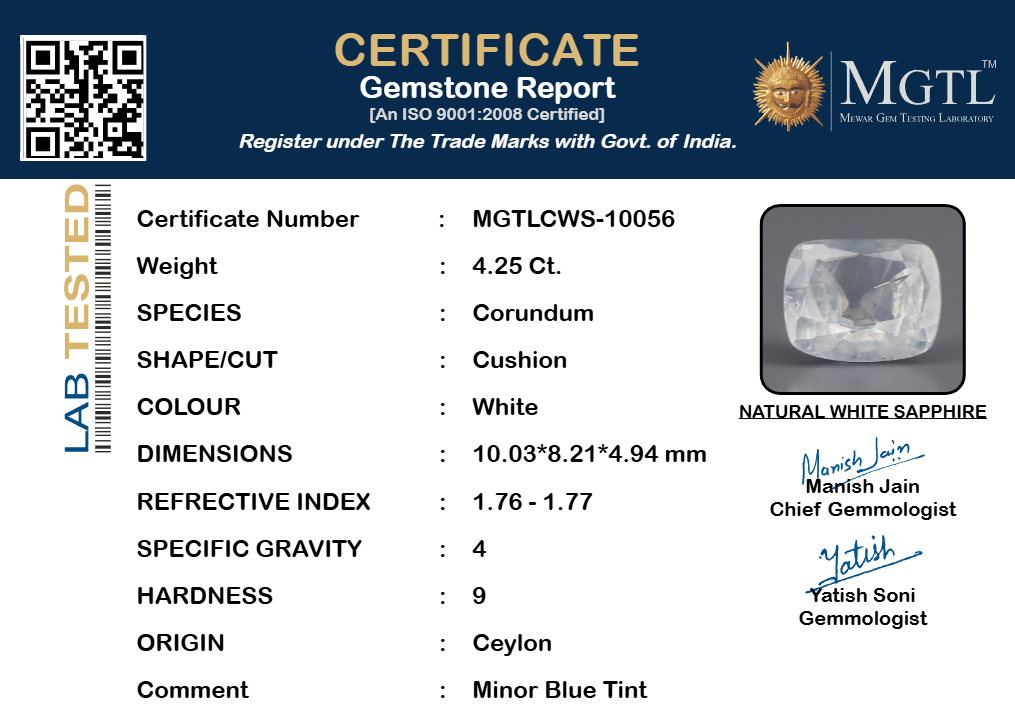 White Sapphire - 4.25 Carats (Safed Pukhraj - 4.63 Ratti)