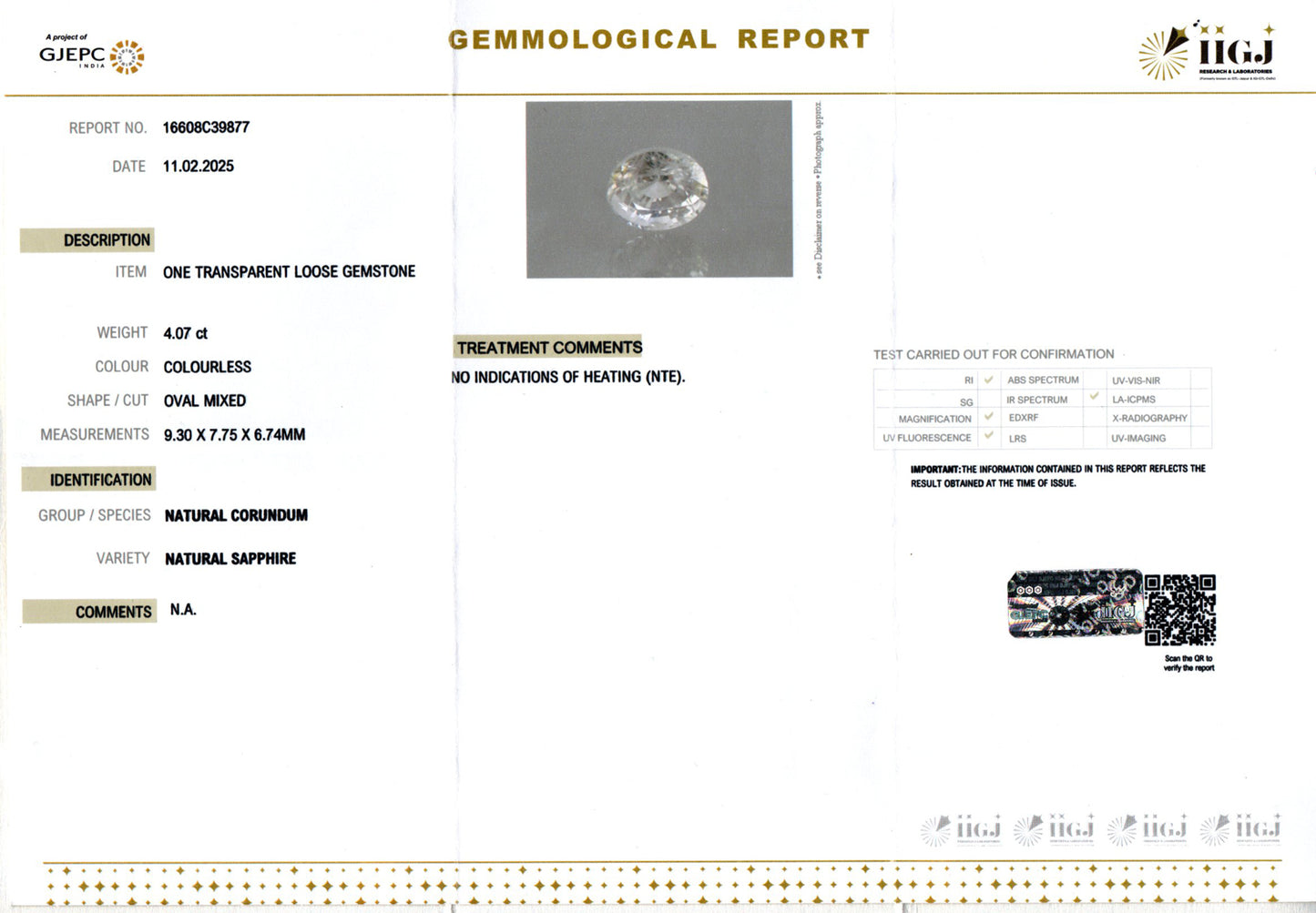 White Sapphire - 4.07 Carats (Safed Pukhraj - 4.44 Ratti)