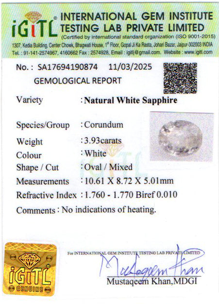 White Sapphire - 3.93 Carats (Safed Pukhraj - 4.28 Ratti)