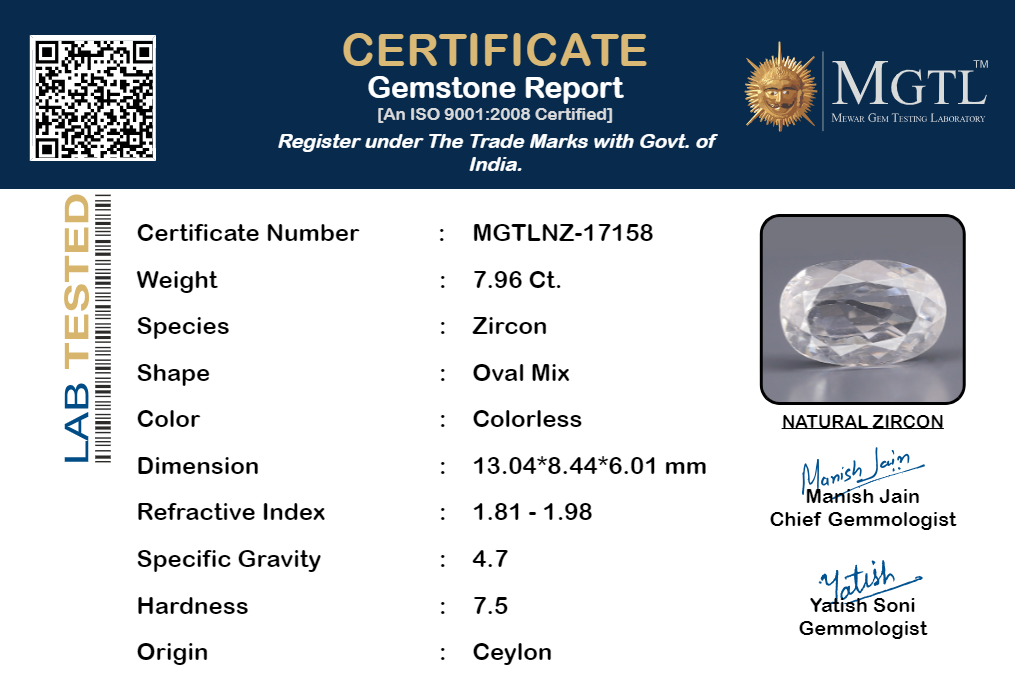White Zircon - 7.96 Carats (Jarkan - 8.68 Ratti)