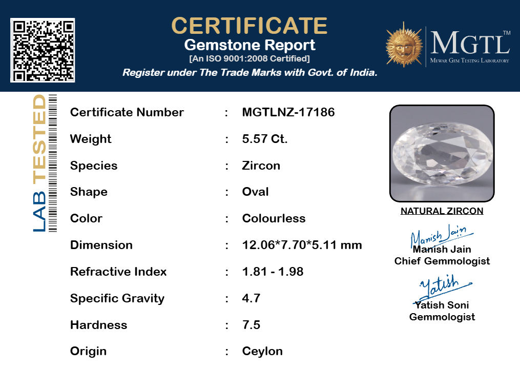 White Zircon - 5.57 Carats (Jarkan - 6.07 Ratti)