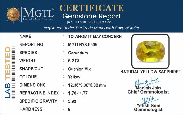 Yellow Sapphire - 6.20 Carats (Pukhraj - 6.76 Ratti)