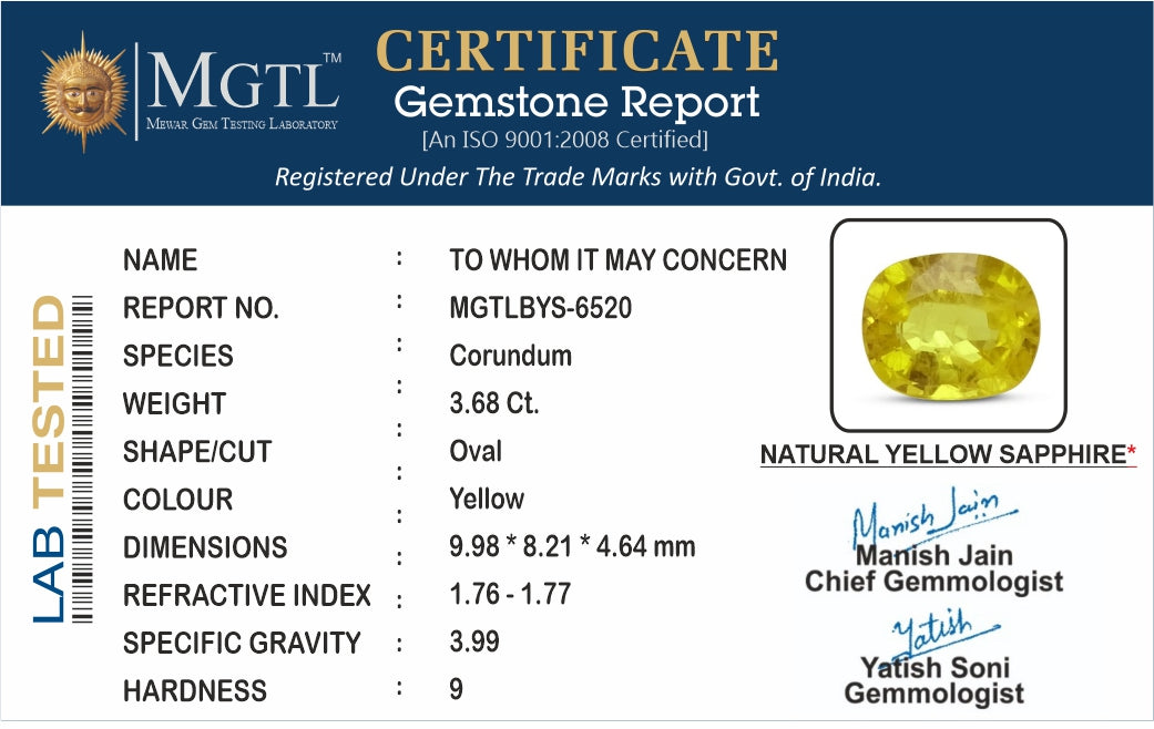 Yellow Sapphire - 3.68 Carats (Pukhraj - 4.01 Ratti)