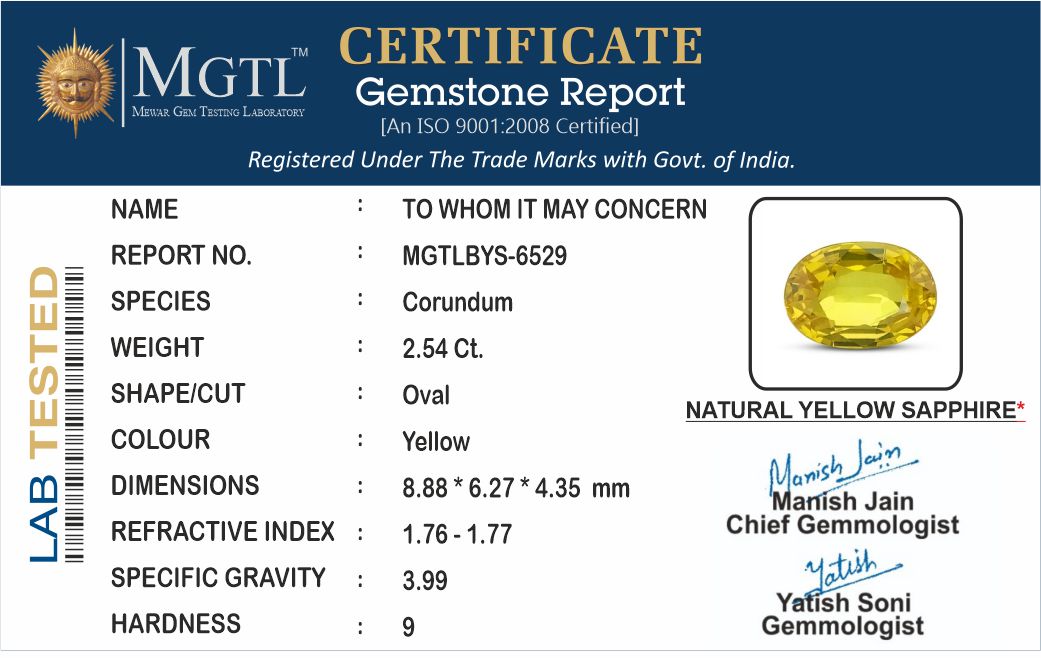 Yellow Sapphire - 2.54 Carats (Pukhraj - 2.77 Ratti)
