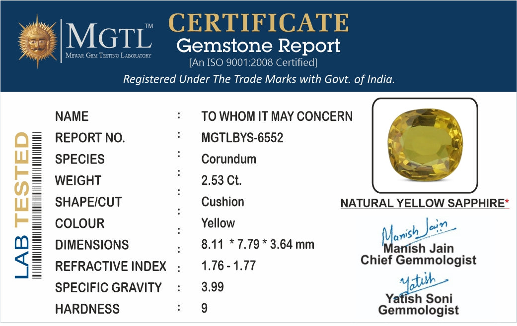 Yellow Sapphire - 2.53 Carats (Pukhraj - 2.76 Ratti)