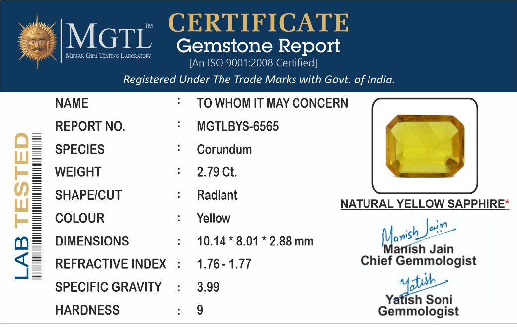 Yellow Sapphire - 2.79 Carats (Pukhraj - 3.04 Ratti)