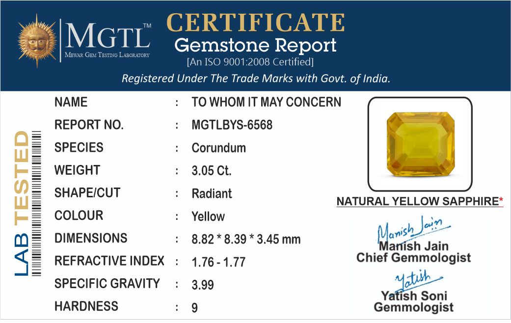 Yellow Sapphire - 3.05 Carats (Pukhraj - 3.32 Ratti)