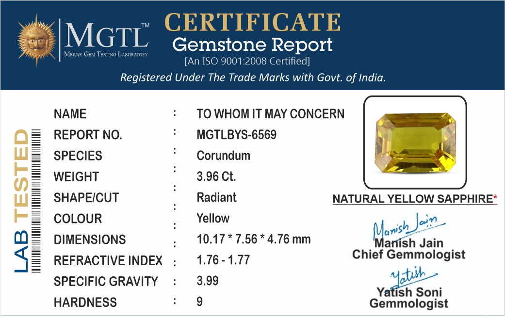 Yellow Sapphire - 3.96 Carats (Pukhraj - 4.32 Ratti)