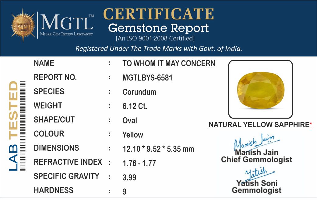 Yellow Sapphire - 6.12 Carats (Pukhraj - 6.67 Ratti)