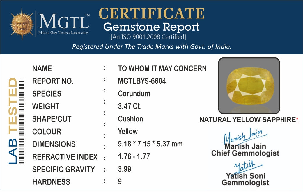 Yellow Sapphire - 3.47 Carats (Pukhraj - 3.78 Ratti)
