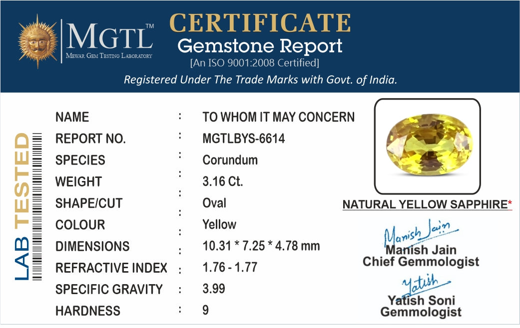 Yellow Sapphire - 3.16 Carats (Pukhraj - 3.44 Ratti)