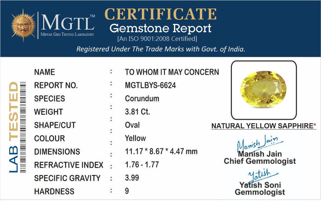 Yellow Sapphire (Pukhraj) - 3.81 Carats